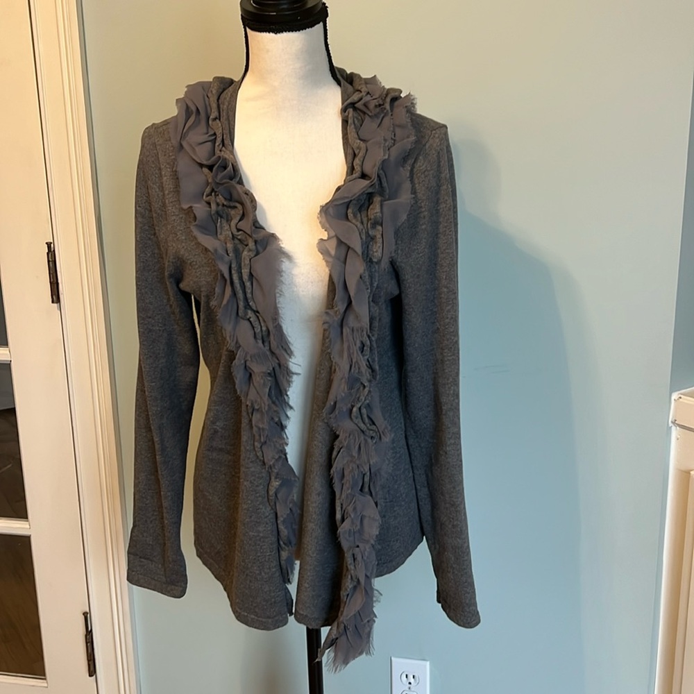 Ruffled Edge Victorian Open-Front Women's Sweater Cardigan - Gray
